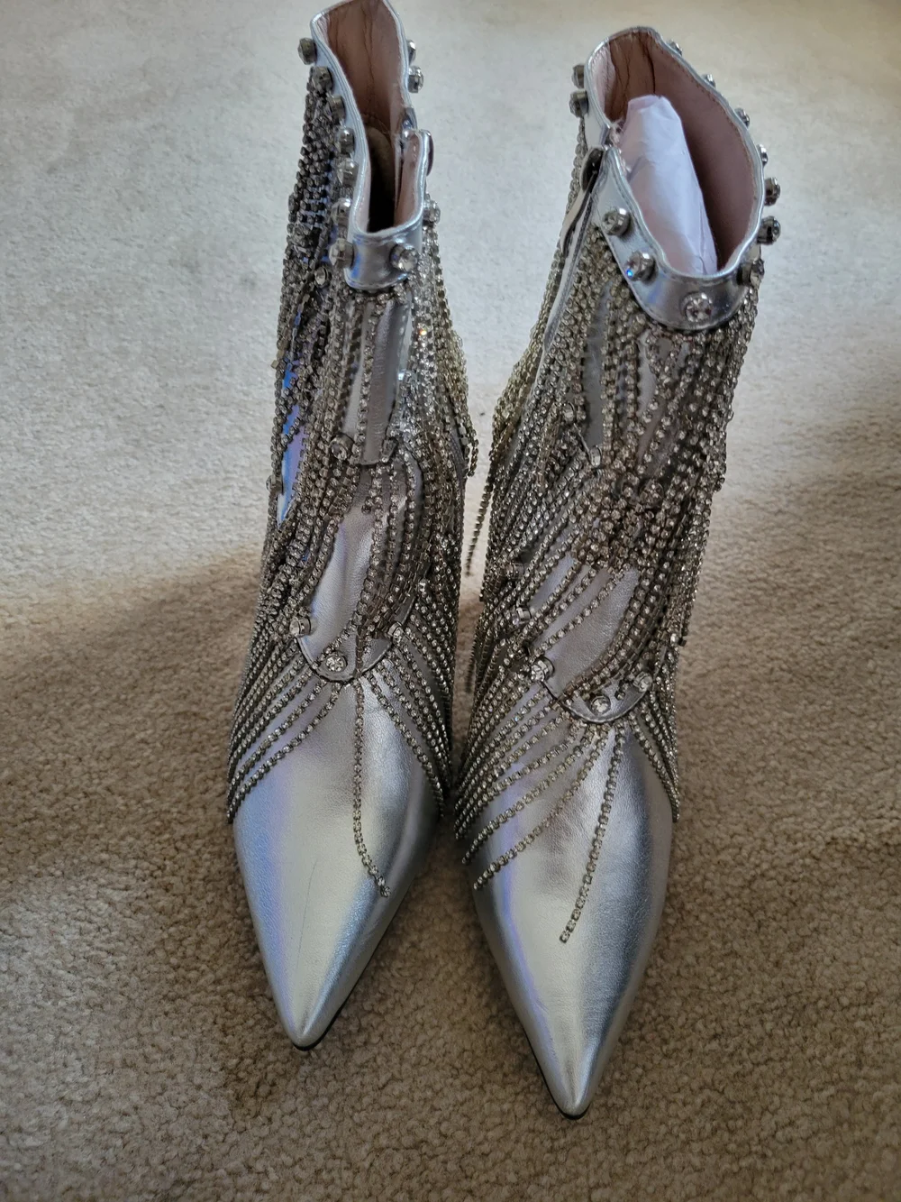 NWOT AKIRA Silver Metallic Rhinestone Fringe Pointed Toe Ankle Boots